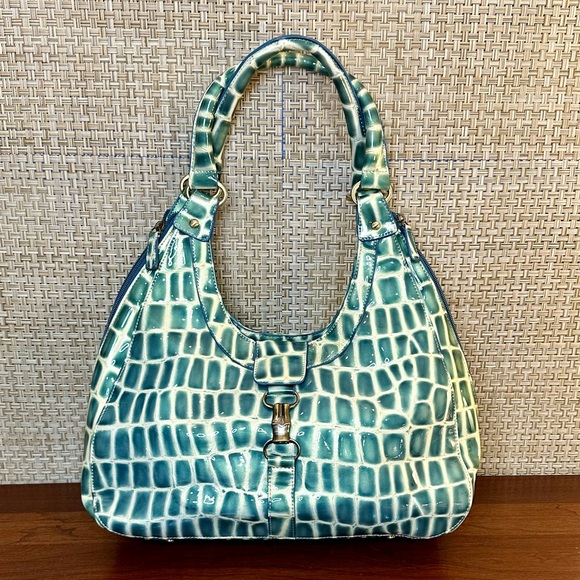 🌟HP🌟VTG 2000 Glossy Teal Mock Croc Vinyl Hobo Shoulder Bag C. Lapson Italy - Picture 1 of 16